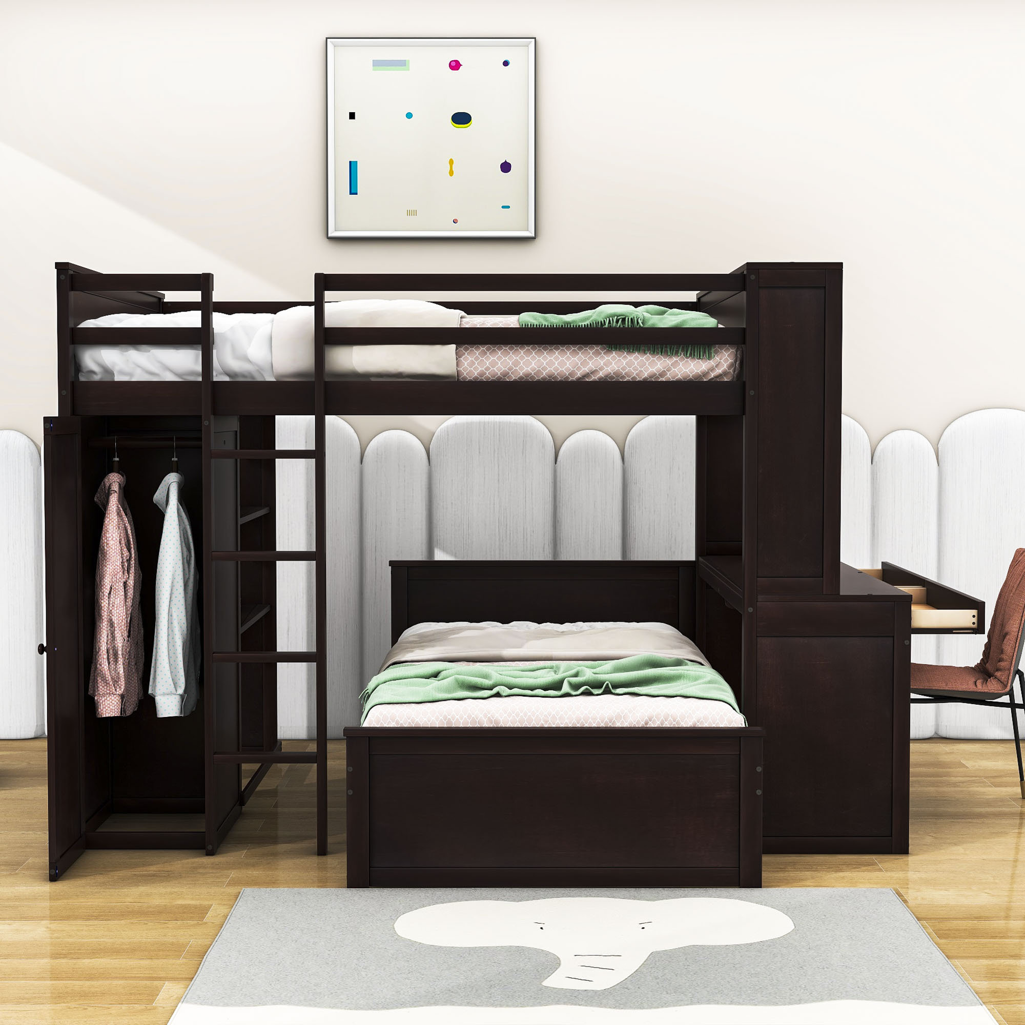 Full Over Twin 2 Drawers Wooden Bunk Bed with Desk Shelves and Wardrobe Harriet Bee Bed Frame Color Espresso